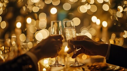 Two hands clinking champagne flutes together amidst a backdrop of festive golden bokeh lights