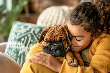 Wall Mural - A little girl cuddles a fawncolored Pug puppy on the couch