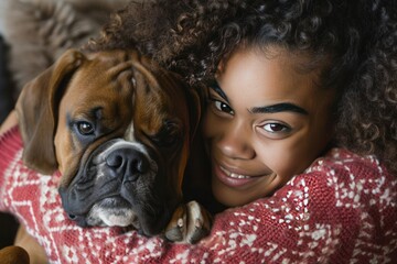 Wall Mural - Woman in red sweater embraces Boxer dog, both with big smiles