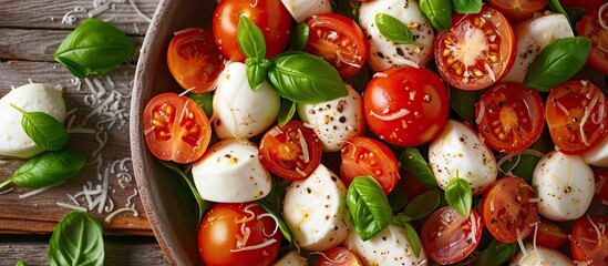A top view of a bowl filled with fresh mozzarella cheese and ripe red tomatoes, a traditional Italian salad topped with basil leaves.