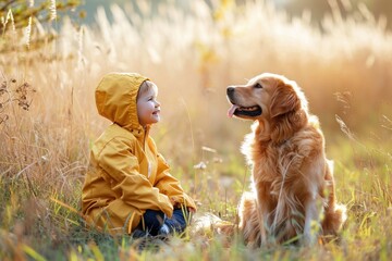 Sticker - A happy boy and his companion dog enjoying nature in a field