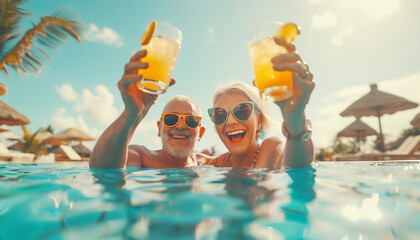 Elderly grey-haired couple cheerful laughing while they rise up alcoholic cocktails with orange juice in swimming pool during summertime exotic vacation together Happiness of senior retirement concept