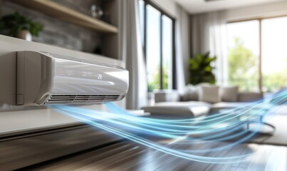 A living room with an air conditioner, advertising banner