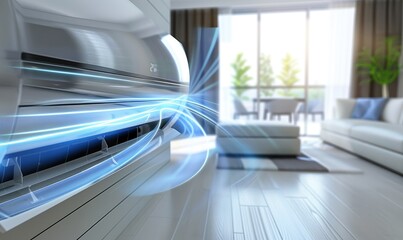 A living room with an air conditioner, advertising banner