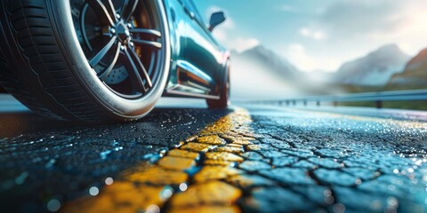 Fototapete - Dynamic Close-Up of a Car Tire on a Wet Road, Capturing the Essence of Travel and Motion at Sunset, Generative AI