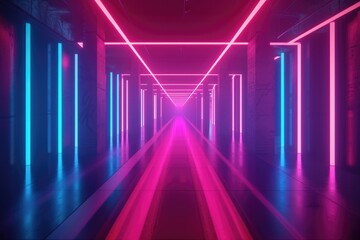 Neon glow lights retro cyber triangle blue purple glow glowing lights abstract grunge concrete tunnel room sci fi futuristic empty stage night background