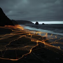 Kinetic quantum paths, network trails blazed, technology's footprints in black sand
