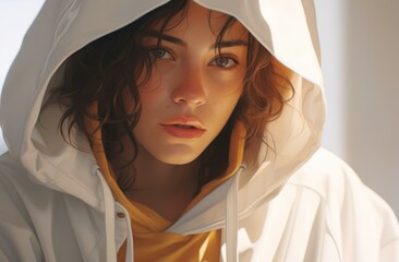 Woman wearing white hoodie.	