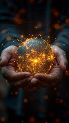 Wall Mural - Human hands present the illuminated Earth globe network projection