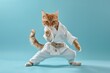 A ginger cat in a karate uniform performing a mid-kick on a light blue background.