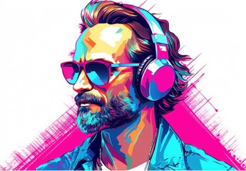Wall Mural - Close-up portrait of a man wearing headphones in watercolor style. Hipster listening to music and singing. Enjoyment of life. Illustration for cover, postcard, interior design, decor, advertising, etc
