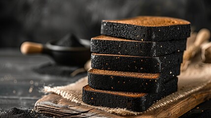 Wall Mural - Black dark slice piece of bread laying on kitchen table. Background concept