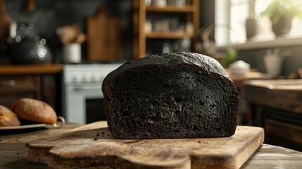 Wall Mural - Black dark slice piece of bread laying on kitchen table. Background concept