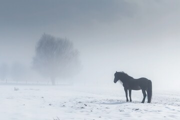 Wall Mural - A horse stands in a snowy field under a cloudy sky