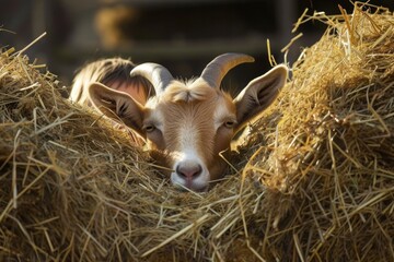 Poster - Goat resting in a haystack, surrounded by grass and fawn