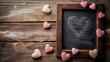 Chalk heart on blackboard with pink and white heart decorations on rustic wood.