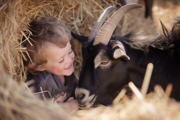 Wall Mural - Child lounging in hay beside goat, both in grassy landscape