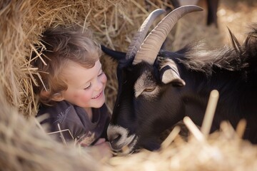 Canvas Print - Child lounging in hay beside goat, both in grassy landscape