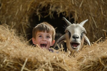 Poster - A young boy smiles next to a goat in a hay pile, happy in natures embrace