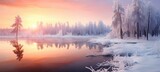 Fototapeta Do pokoju - Serene Winter Sunrise by a Frozen Lake Surrounded by Snow-Covered Trees
