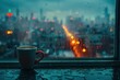 Steaming coffee cup on a rain-splattered windowsill with blurred city lights in the background. Place for text