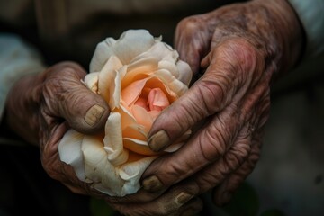 Wall Mural - Closeup of a hand holding a rose, fingers gently touching the petals