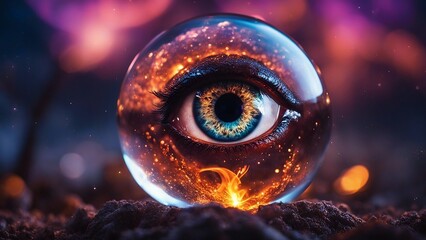 Wall Mural -  highly intricately photograph of Demon eyes in burning flames inside a crystal ball,  