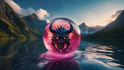 Wall Mural - sunrise over the lake highly intricately photograph of T-shirt design with dragon demon monster head on white background. in a crystal ball 