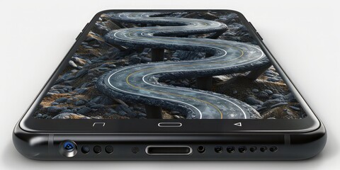 Aufkleber - A Cutting-Edge Smartphone Design with a Winding Road Display, Emphasizing the Versatility of Modern Technology, Generative AI