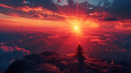 Canvas Print - Silhouette of a man on top of a mountain during sunset