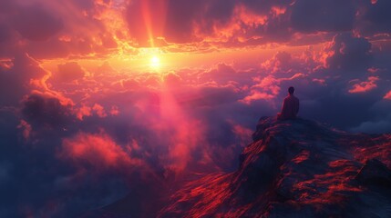 Canvas Print - Silhouette of a man on top of a mountain during sunset