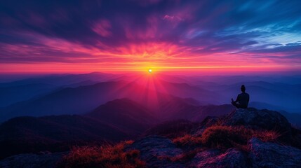 Canvas Print - Silhouette of a man on top of a mountain during sunset