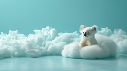 Poster - a polar bear sitting on a cloud in the middle of a blue sky with clouds in the background and a baby polar bear in the middle of the clouds.