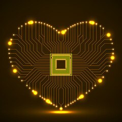 Wall Mural - Abstract neon circuit board in shape of heart, technology background, vector illustration