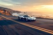 An ultra-lightweight supercar made from recycled materials, racing along a coastal road with the ocean as its backdrop, in honor of Earth Day.