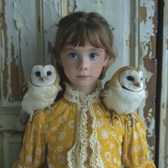 Canvas Print - a girl with two owls on her shoulder