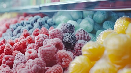 Wall Mural - Fruits and berry frozen on supermarket showcase. Background concept