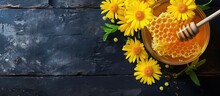 A Glass Jar Filled With Golden Honey Sits Beside A Honeycomb, While Vibrant Yellow Daisies Add A Pop Of Color To The Scene On A Dark Wood Background.
