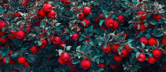Wall Mural - A vibrant red apple tree brimming with numerous red apples hanging from its branches. The tree is lush, full, and visually striking with its abundance of ripe fruit.