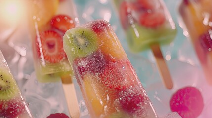 Wall Mural - Frozen fruits and berry on stick ice cream. Background concept