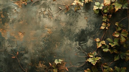 Plant leaves branch flora on old grunge garden wall. Background concept