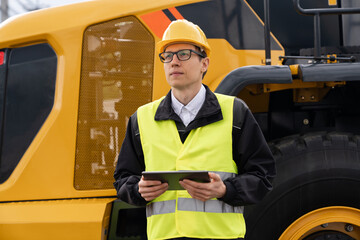 Aufkleber - Engineer with digital tablet next to road construction machine.
