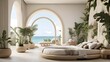 Ultra realistic  photo of Modern take on upscale bali inspired small condo white cream stone, light wood round arches interor view of  bedroom withtropical foliage