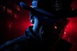 An eerie, shadowy figure with glowing, piercing eyes lurking in the darkness. Thief in red and blue police lights