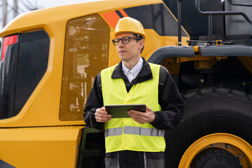 Aufkleber - Engineer with digital tablet next to road construction machine.