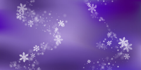 Wall Mural - Festive heavy snowflakes illustration. Wintertime dust freeze shapes. Snowfall sky white purple backdrop. Scattered snowflakes new year vector. Snow cold season scenery.