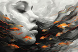 Fototapeta  - Sztuka nowoczesna. Projekt z twarzą kobiety i rybkami