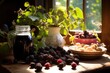 A serene tableau of blackberries and golden raspberries, with a jug of juice amidst homey kitchenware, in the soft glow of morning light