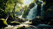 Generative AI A Cascading Waterfall Tumbling Down Sheer Cliffs Into A Pristine Mountain Stream, Amidst Lush Vegetation.