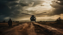 A Soldier Passes Through A Military Area With A Helicopter On The Ground Near